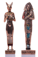 Egyptian cats and pharaon on a white background. Egyptian pharaoh Statue