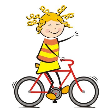 Girl and bicycle, funny illustration, vector icon