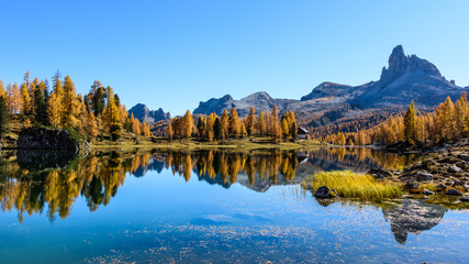 Fototapeta premium Lake Federa, Dolomites. Autumn colors and reflections