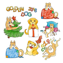 Hand drawn collection with a cute doodle dogs. 2018 vector chinese symbol and lettering.