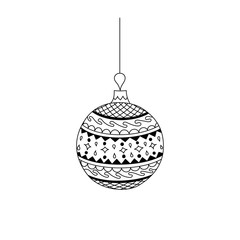 Vector hand drawn Christmas ball toy with thread. Christmas coloring page book