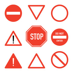 Set of road stop signs, flat vector illustration isolated on white background. Traffic safety sign concept, different shapes and forms. Stop sign set, front view. Traffic warning signs.