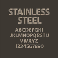 Stainless Steel alphabet with numbers.  Mat metal abc vector set. 