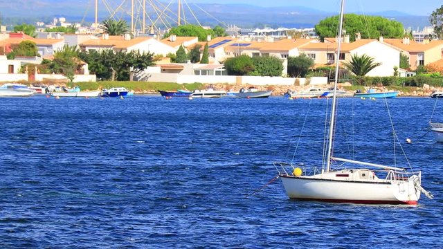 Small sinner's boat on mediterranean sea in Herault, Occitania in south of France
