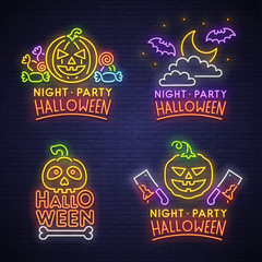Big set neon logo, label, emblem. Happy Halloween. Neon sign, bright signboard, light banner. 