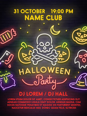 Template poster, flyer, invitation, banner. Happy Halloween Poster. Neon sign, bright signboard, light banner. Vector illustration.