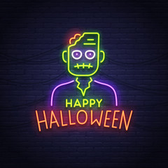 Cute zombie neon sign. Happy Halloween. Neon sign, bright signboard, light banner. 
