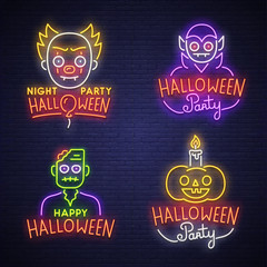 Big set neon logo, label, emblem. Happy Halloween. Neon sign, bright signboard, light banner. 