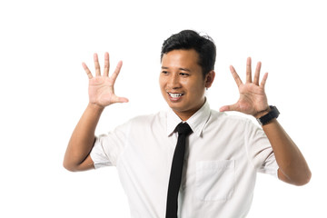 Portrait of a surprised business man. Isolated on white background