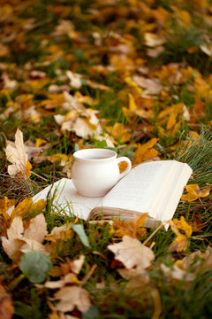 kubek, ksiażka, liście, jesień- jesienna kompozycja