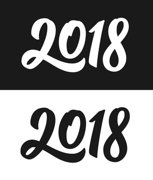 Happy New Year 2018 greeting card template. Calligraphic number 2018 with smooth contour on black and white backgrounds for Chinese Year of the Dog. Vector illustration.