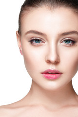 Obraz premium Beautiful woman portrait with fresh clear nude make up, healthy skin, skin care.