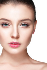 Obraz premium Beautiful woman portrait with fresh clear nude make up, healthy skin, skin care.