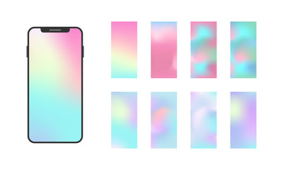 Modern Smartphone App Screen. Soft Color Gradient Background. Holographic Wallpaper Set. Vector.