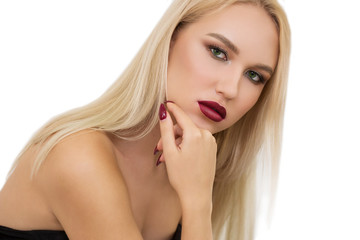 Beauty Woman face Portrait Beautiful Spa model Girl with Perfect Fresh Clean Skin. Woman nail manicure lipstick same color blonde hair Youth and Skin Care Concept. Isolated on a white background