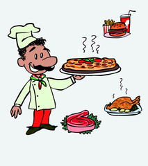 Italian smiling chef with tray and different dishes to place on it. 