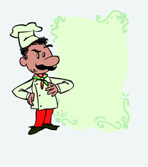 Worried italian chef. Is showing, as if he were in front of a blackboard, the data you want.