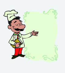 Italian chef points, relaxed, with a book in his hand. Is showing, as if he were in front of a blackboard, the data you want.