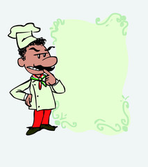 Italian chef worried and doubtful. Is showing, as if he were in front of a blackboard, the data you want.