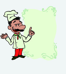 Italian chef relaxed, speak content. Is showing, as if he were in front of a blackboard, the data you want.