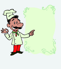 Happy italian chef makes the gesture of ok. Is showing, as if he were in front of a blackboard, the data you want.