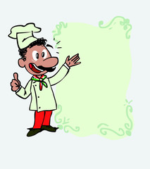 Happy italian chef makes the gesture of ok. Is showing, as if he were in front of a blackboard, the data you want.