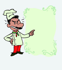 Angry italian chef is showing, as if he were in front of a blackboard, the data you want.