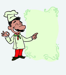 Happy italian chef makes the gesture of ok. Is showing, as if he were in front of a blackboard, the data you want.