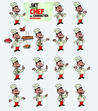 Italian chef. Set of postures of the same character in different expressions: sad, happy, angry ... Always showing, as if he were in front of a blackboard, the data you want.
