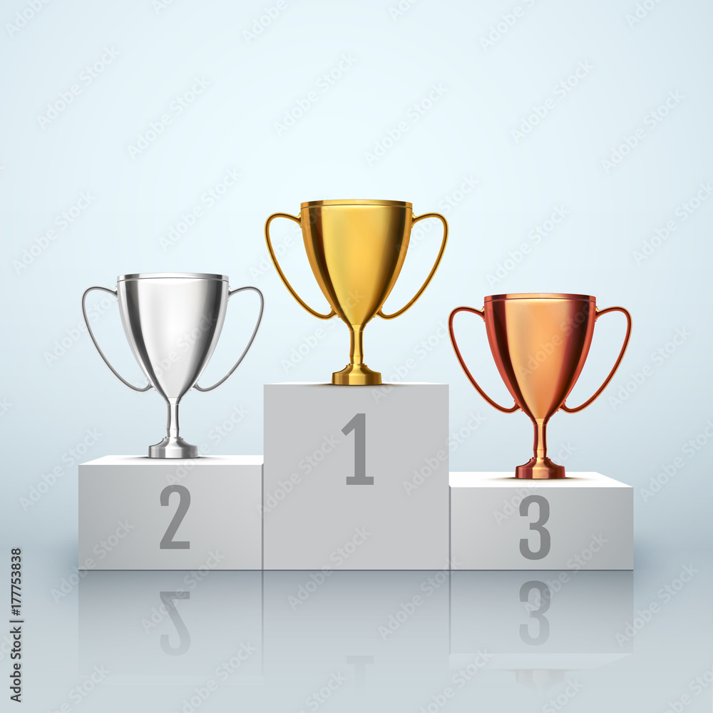 Sticker Winner background. Trophy Cups on prize podium. Vector illustration