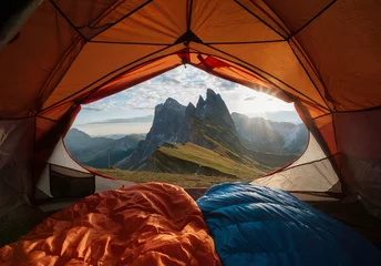 Cercles muraux Camping View from tent to the mountain. Sport and active life concept