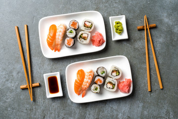 Japanese sushi with soy sauce and wasabi. Top view