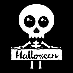 Cute kawaii skeleton holding halloween sign