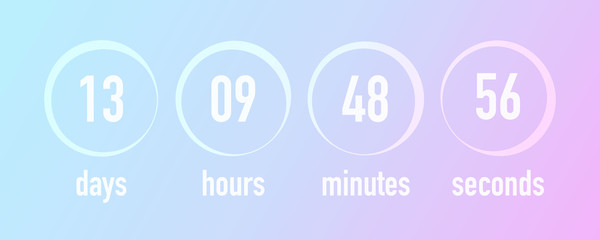 Countdown template ui web design, vector illustration. Blurred gradient colors background, days, hours, minutes and seconds timer.