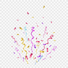 Many Falling Colorful Confetti And Ribbon Isolated. Vector