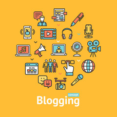 Blogging Color Round Design Template Line Icon Concept. Vector