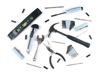 Set of various tools on white background.