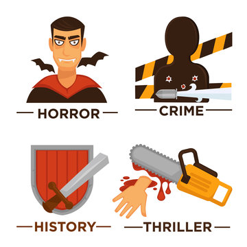 Movie genre icons. Vector flat isolated symbols set for cinema or channel movie genre tag.
