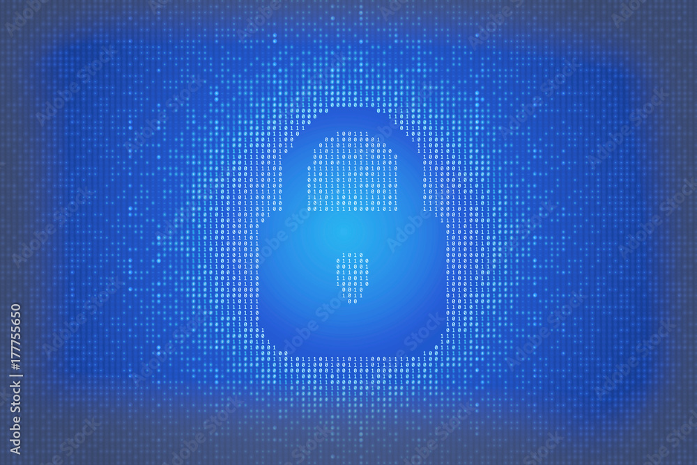 Poster binary data code background with locked padlock icon. online security