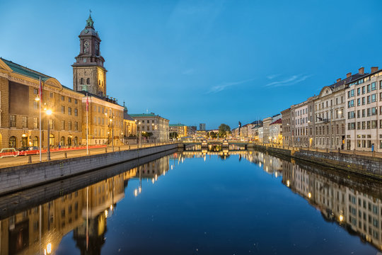 Cityscape with Big Harbor Canal and German Church (Christinae Church) at dusk in Gothenburg, Sweden
