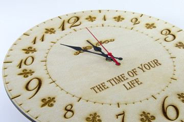 Wooden round wall watch - clock isolated on white background. Manage your time