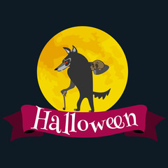 Werewolf on halloween with the full moon background, horror wolf at night vector invintation, autumn holliday illustration