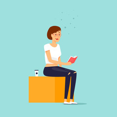 Girl is reading a book. Flat design vector illustration.