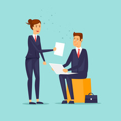 Business characters. Co working people, meeting, teamwork, collaboration and discussion, conference table, brainstorm. Workplace. Office life. Flat design vector illustration.