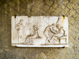 Ercolano, Herculaneum, Ausgrabung, Casa del Rilievo di Telefo, Wandrelief, Golf von Neapel, Neapel, Kampanien, Italien