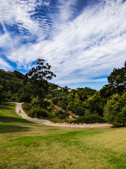 Beautiful Monserrate Park with scenic blue, cloudy sky in Sintra, Portugal