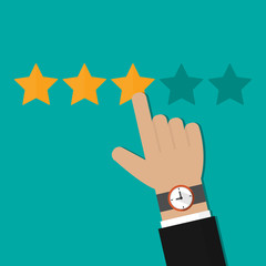 Hand of businessman pointing, finger pointing to five star rating. Feedback, review concept icon vector