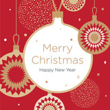 Christmas greeting card. Golden Christmas balls on a red background. New Year's design template with a window for text. Vector flat