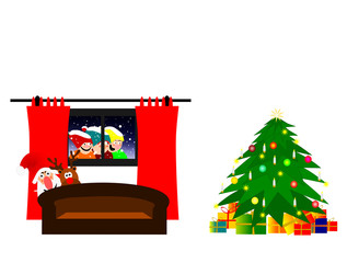 Kinder schauen durch ein Fenster in Zimmer mit Weihnachtsbaum und Weihnachtsmann