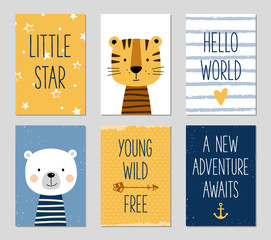 Birthday cards with cartoon tiger and bear for baby boy and kids. Can be used for baby shower, birthday, party invitation. 